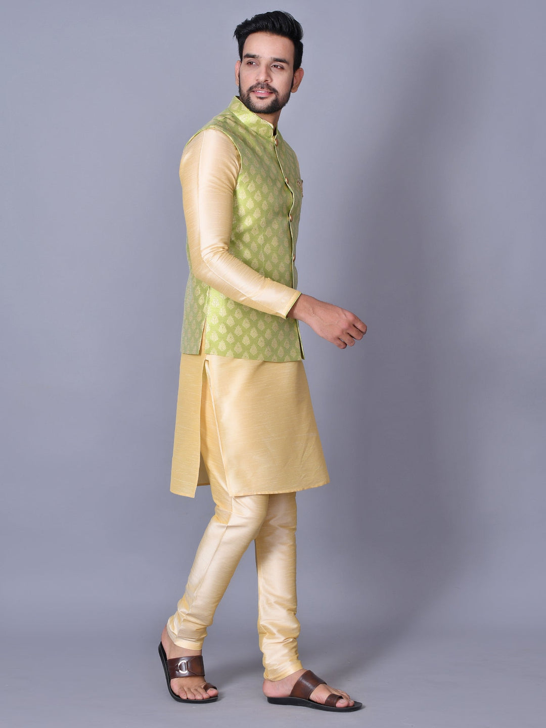 Ethnic Motifs Lime Green Jacket Kurta Set
