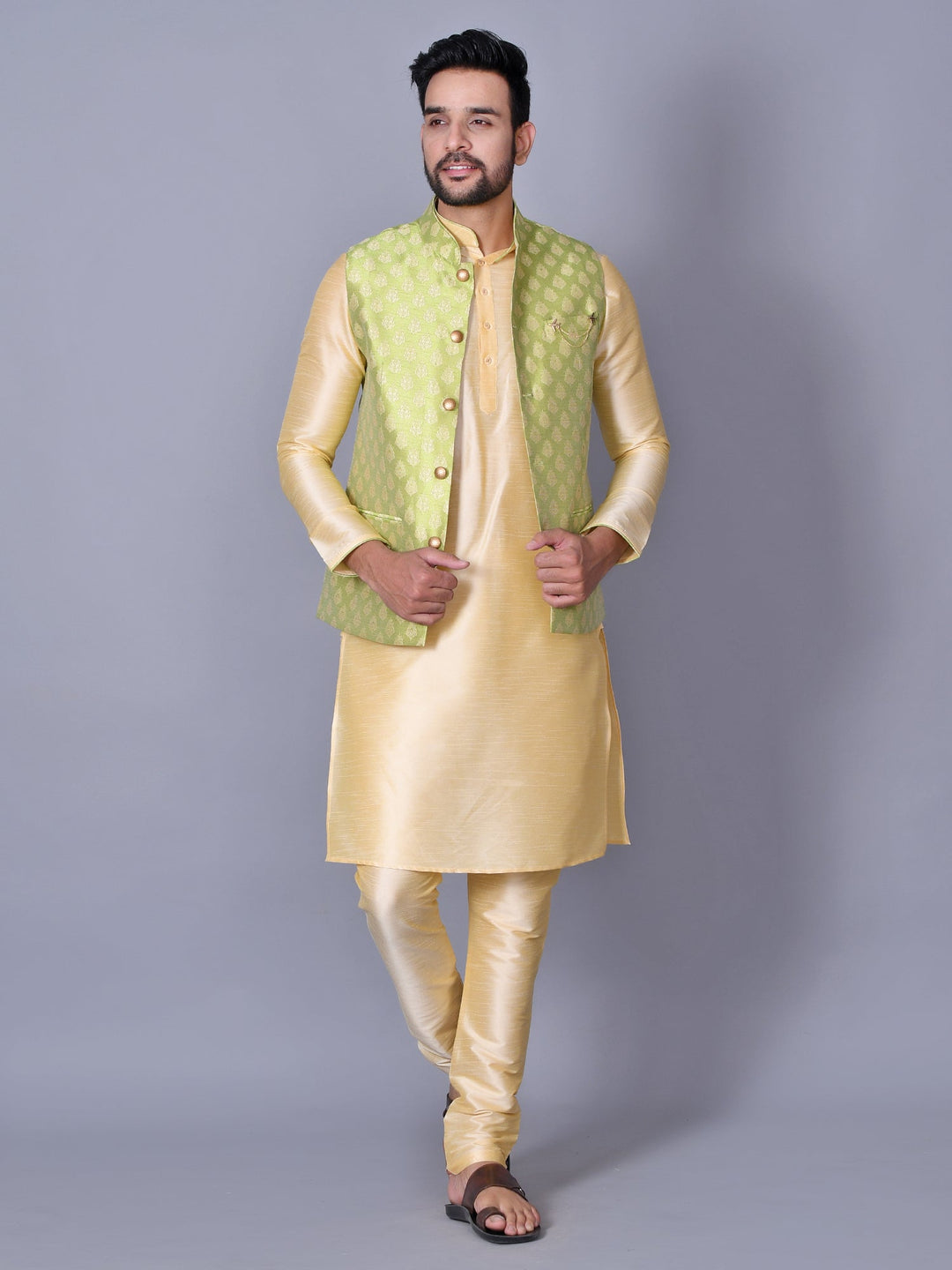 Ethnic Motifs Lime Green Jacket Kurta Set