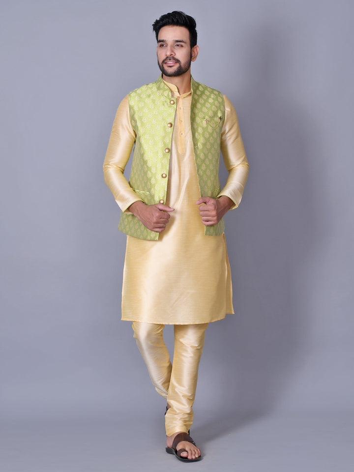 Ethnic Motifs Lime Green Jacket Kurta Set