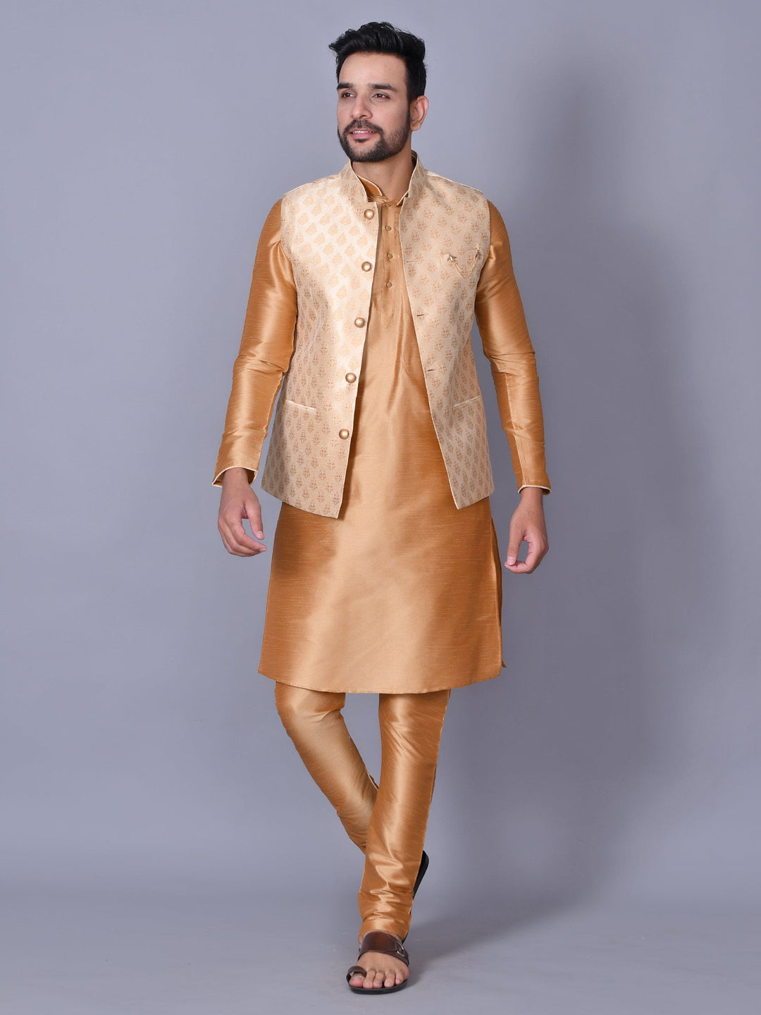Ethnic Motifs Camel Brown Jacket Kurta Set