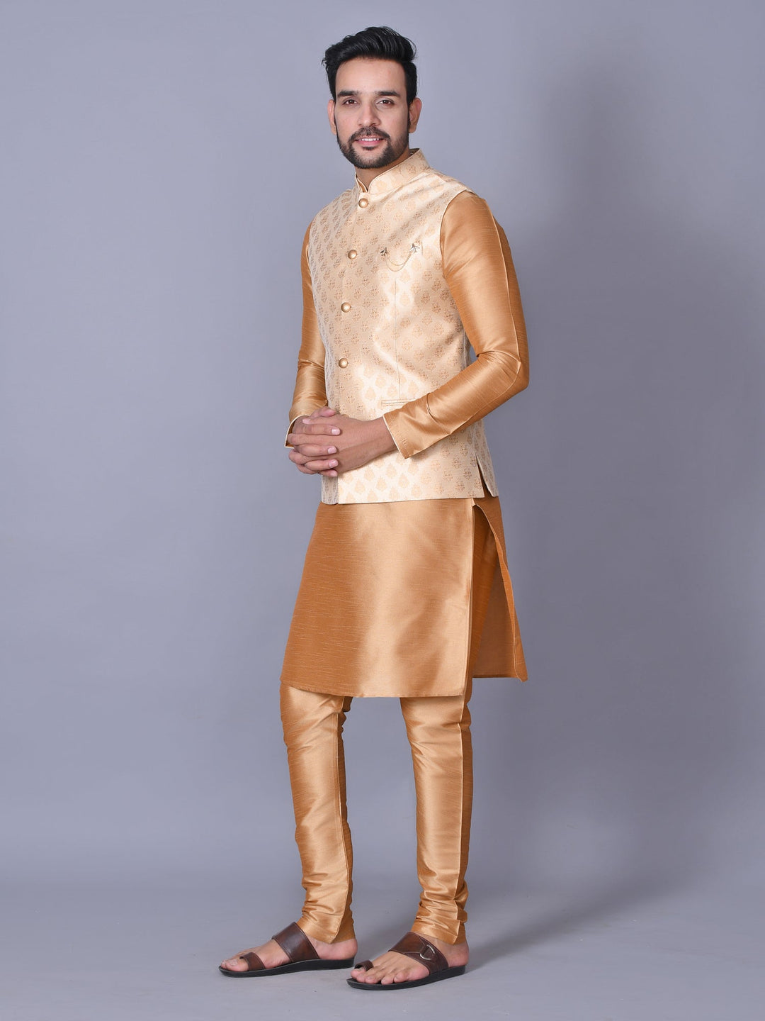Ethnic Motifs Camel Brown Jacket Kurta Set