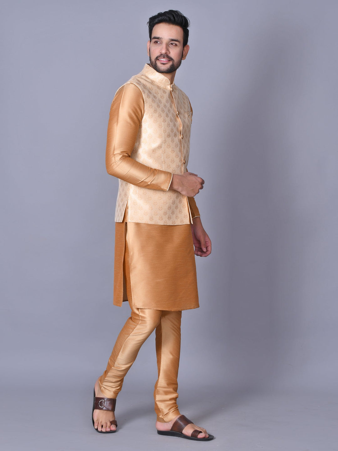 Ethnic Motifs Camel Brown Jacket Kurta Set