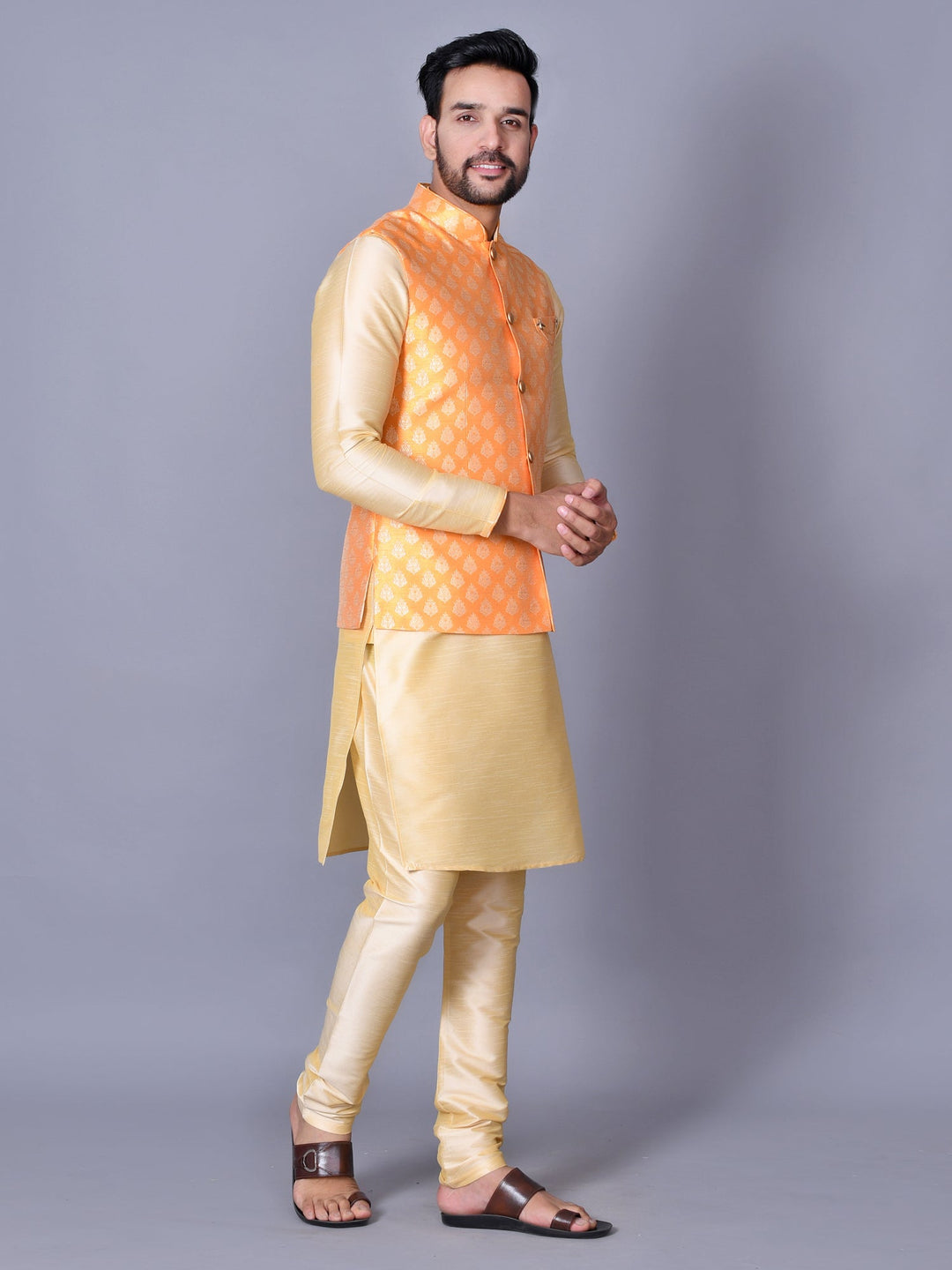 Ethnic Motifs Orange Jacket Kurta Set