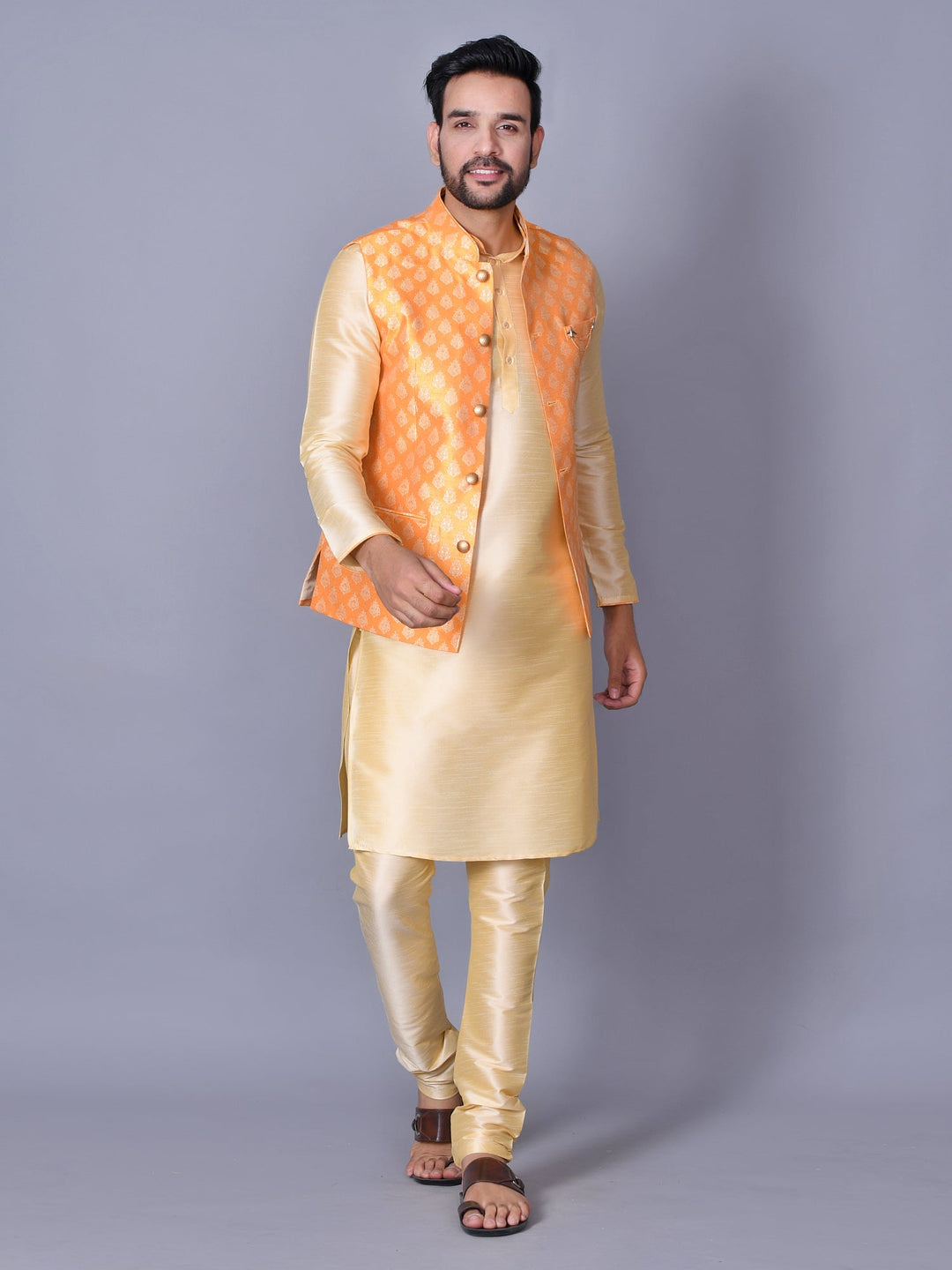 Ethnic Motifs Orange Jacket Kurta Set