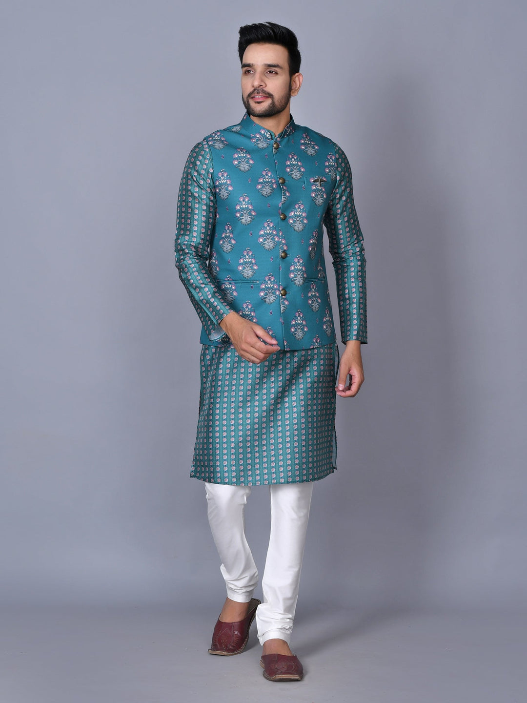 Floral Turquoise Blue Jacket Kurta Set