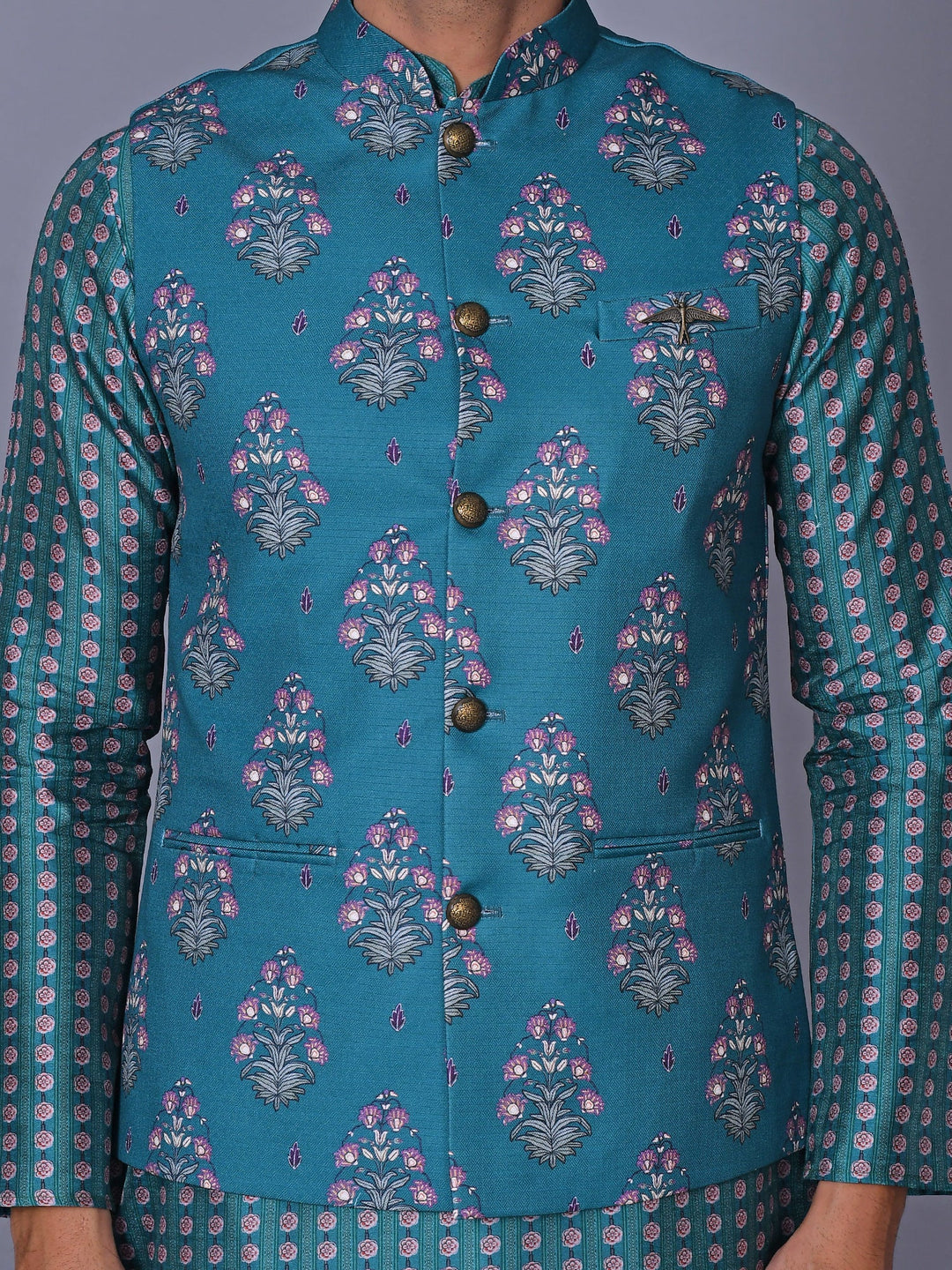 Floral Turquoise Blue Jacket Kurta Set