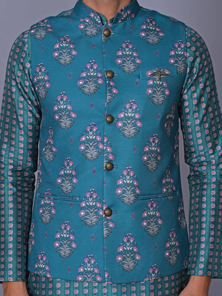 Floral Turquoise Blue Jacket Kurta Set
