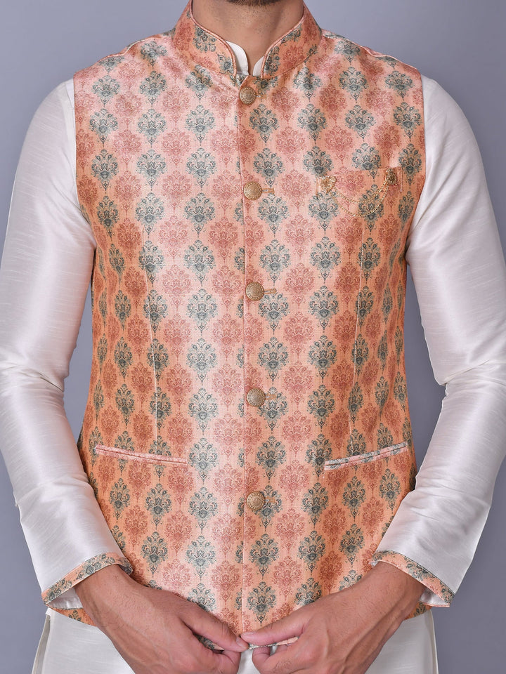 Ethnic Motifs Peach Jacket Kurta Set