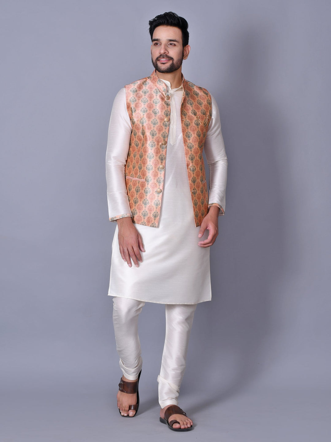 Ethnic Motifs Peach Jacket Kurta Set