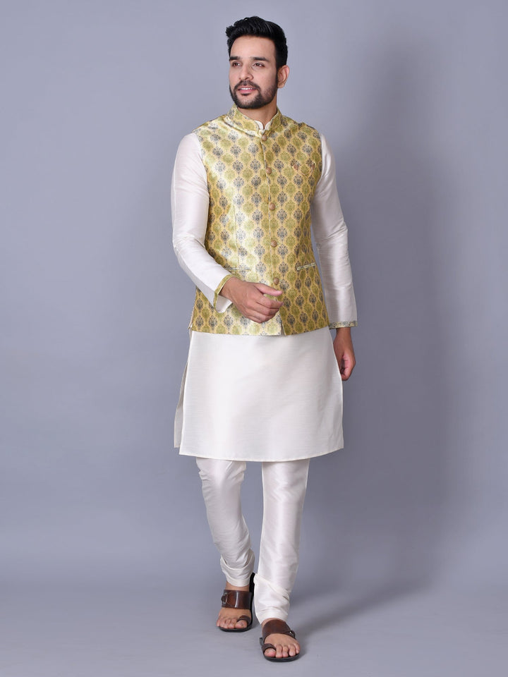 Ethnic Motifs Lime Green Jacket Kurta Set