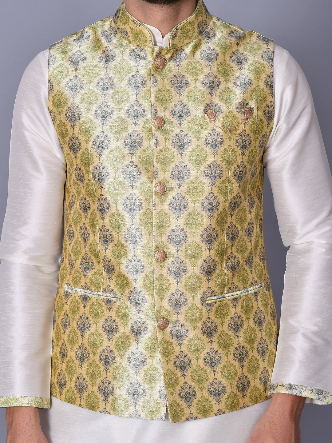 Ethnic Motifs Lime Green Jacket Kurta Set