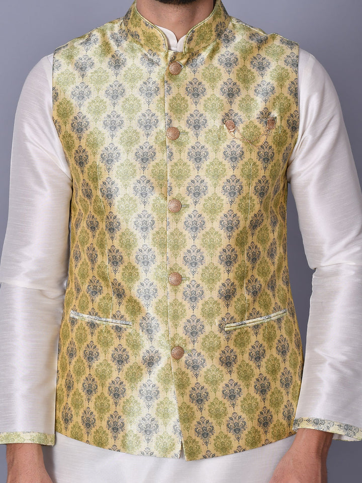 Ethnic Motifs Lime Green Jacket Kurta Set
