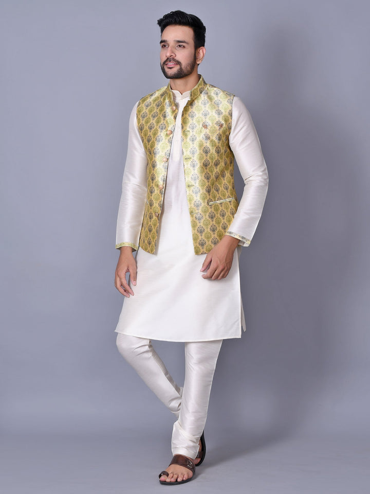 Ethnic Motifs Lime Green Jacket Kurta Set