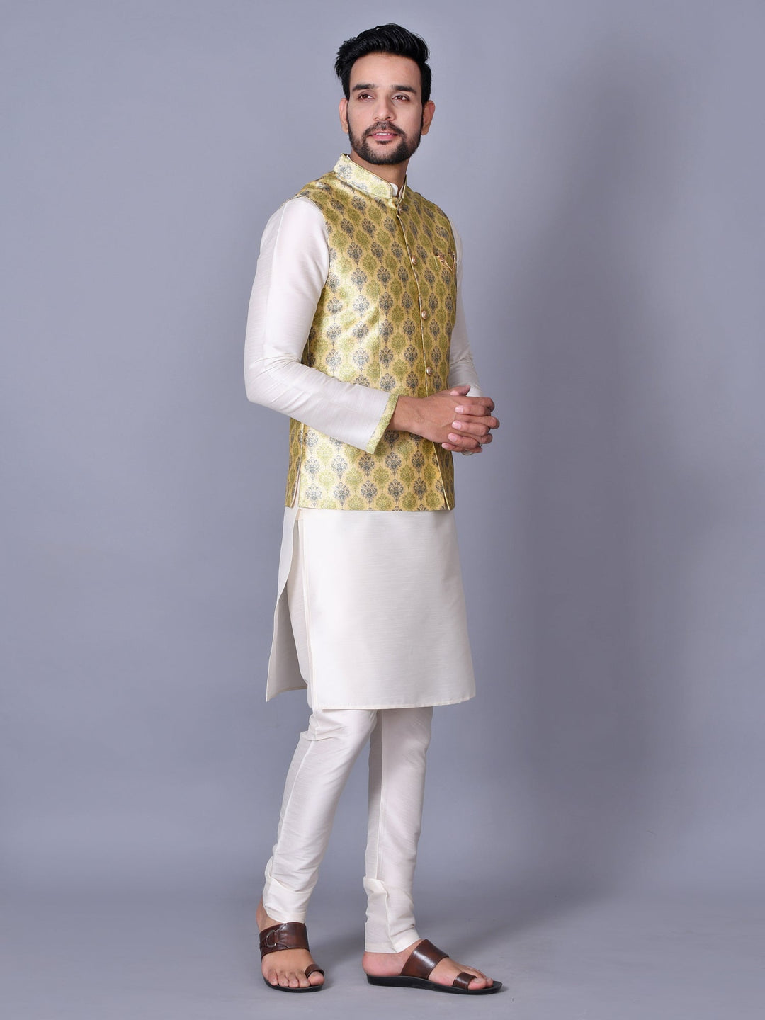 Ethnic Motifs Lime Green Jacket Kurta Set