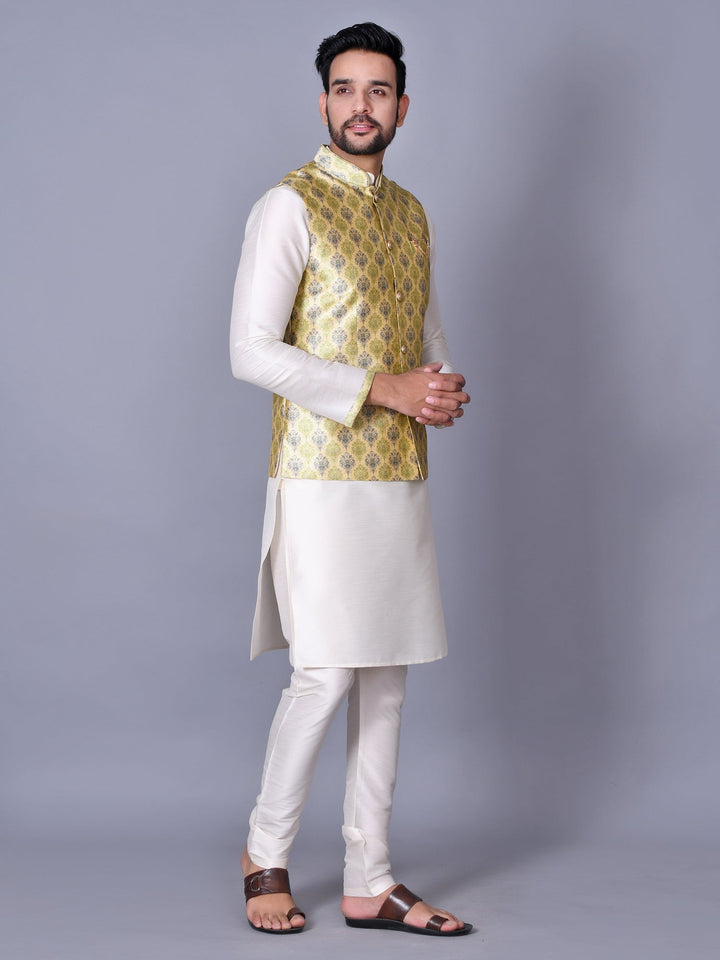 Ethnic Motifs Lime Green Jacket Kurta Set