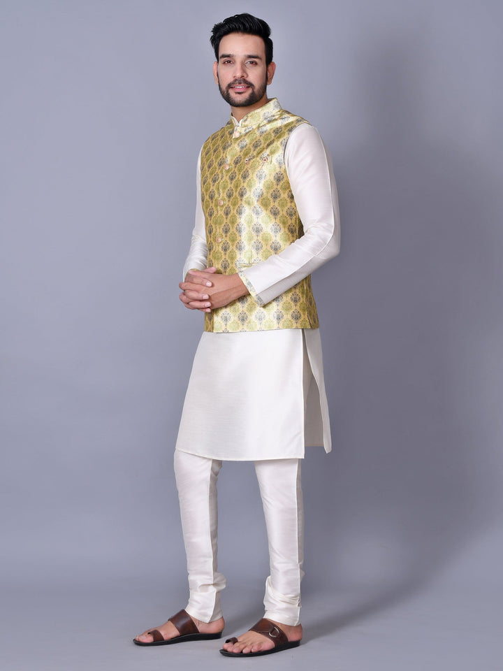 Ethnic Motifs Lime Green Jacket Kurta Set