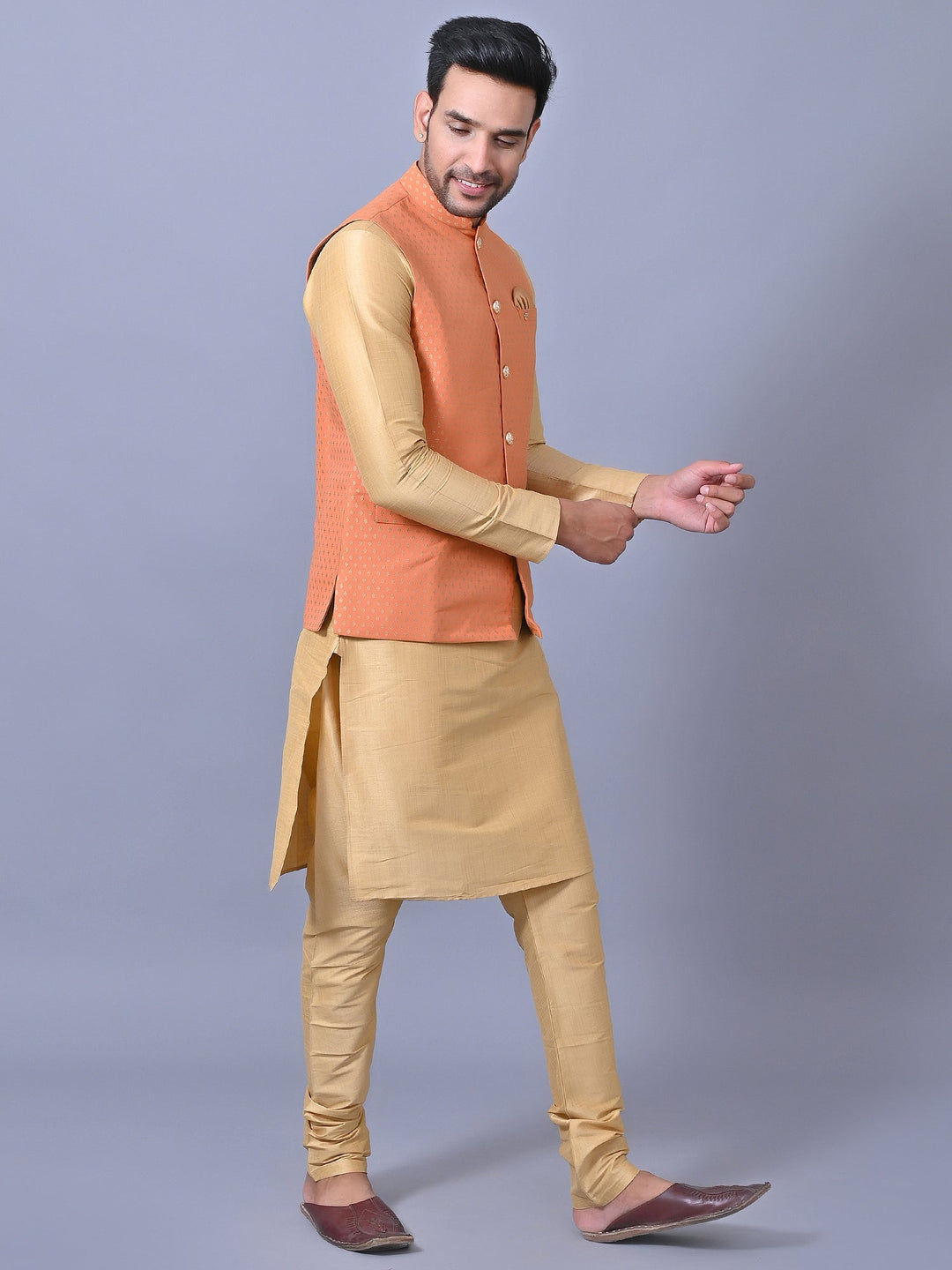 Printed Orange Jacket Kurta Set