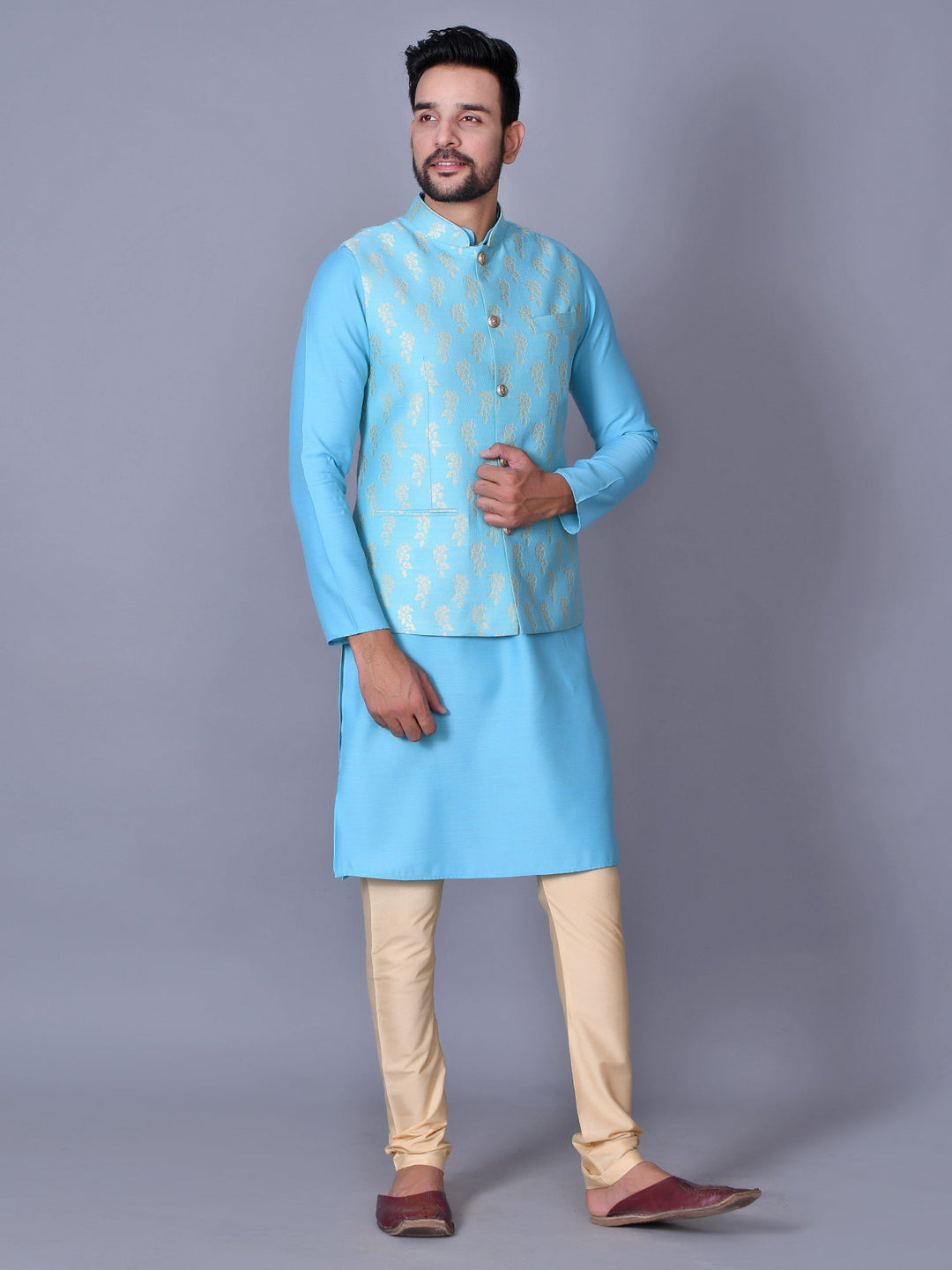 Floral Turquoise Blue Jacket Kurta Set
