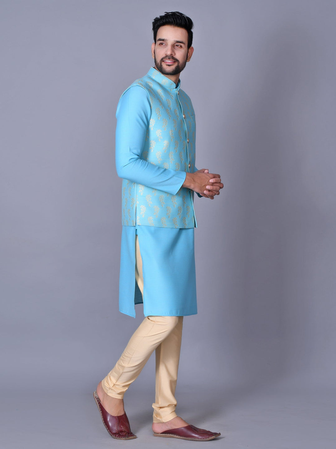 Floral Turquoise Blue Jacket Kurta Set