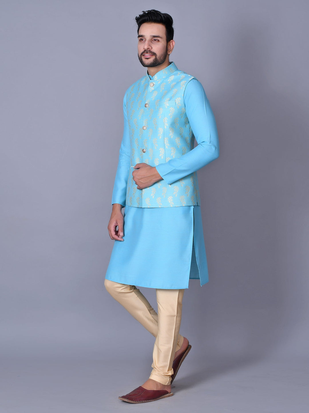 Floral Turquoise Blue Jacket Kurta Set