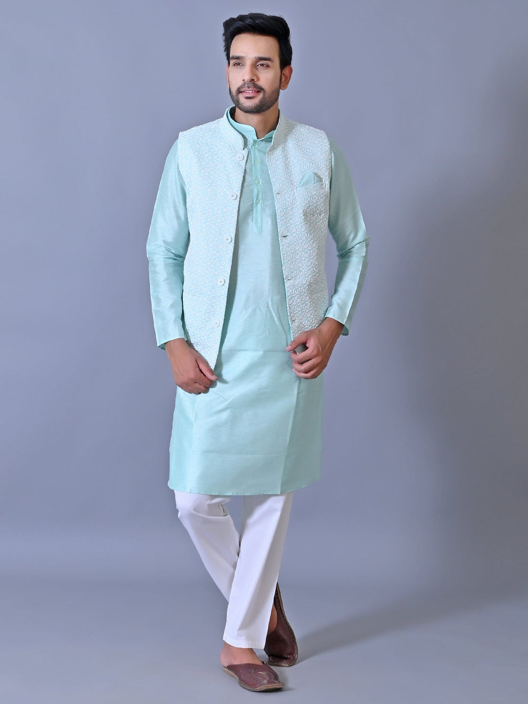 Chikan Turquoise Blue Jacket Kurta Set