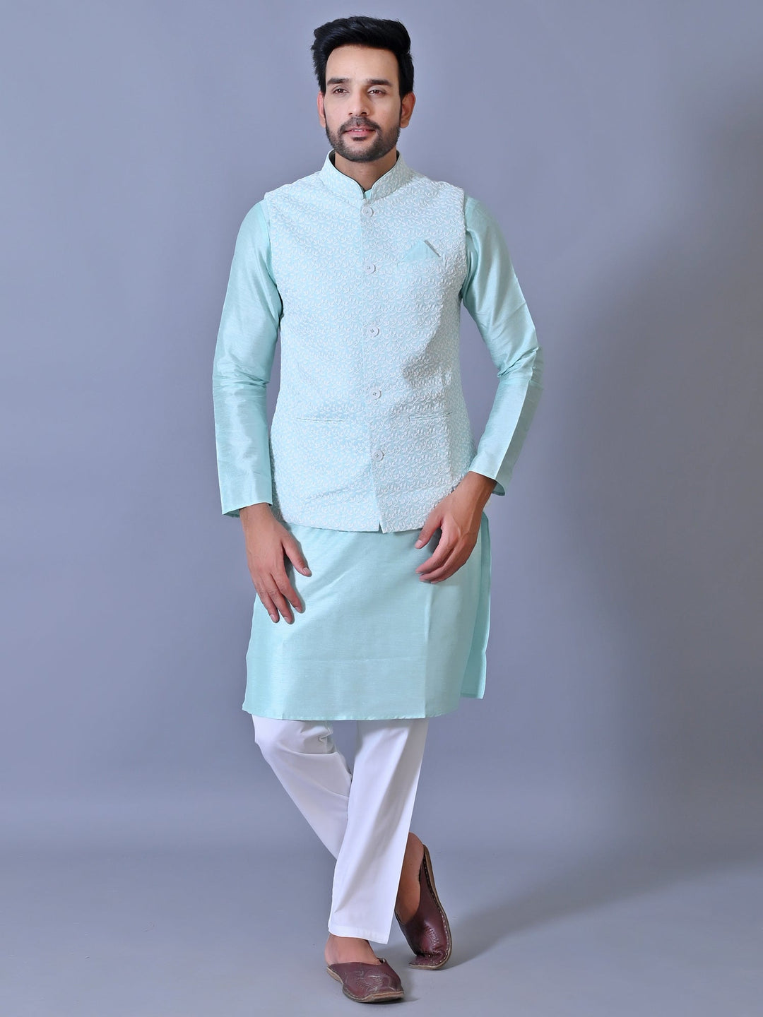 Chikan Turquoise Blue Jacket Kurta Set