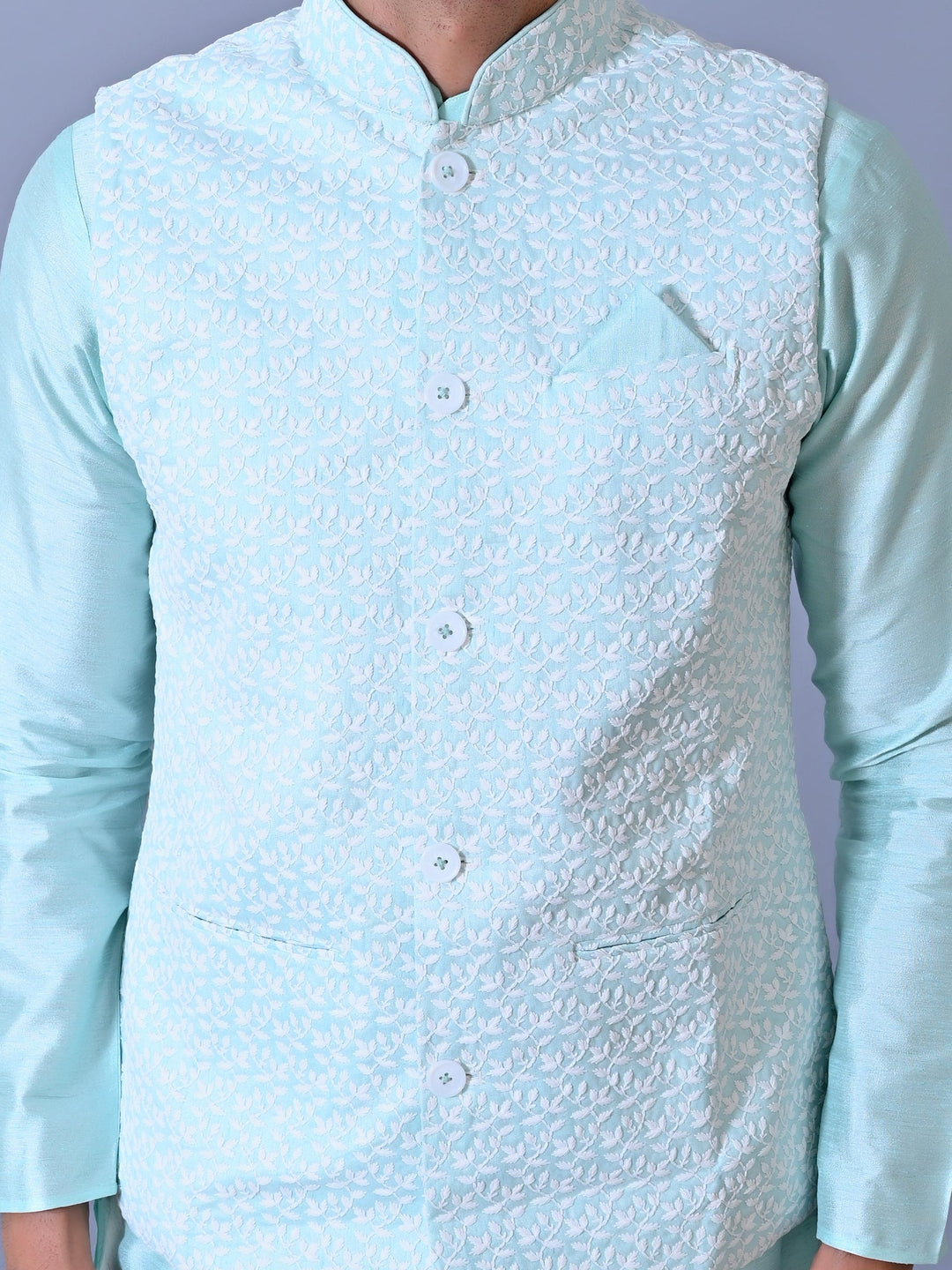 Chikan Turquoise Blue Jacket Kurta Set