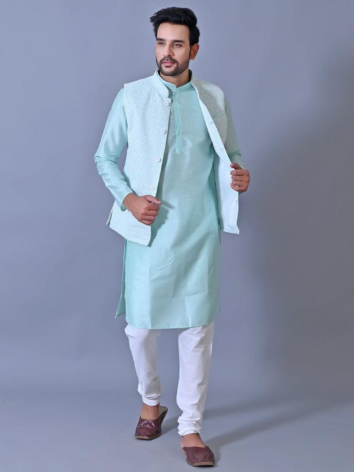 Chikan Turquoise Blue Jacket Kurta Set