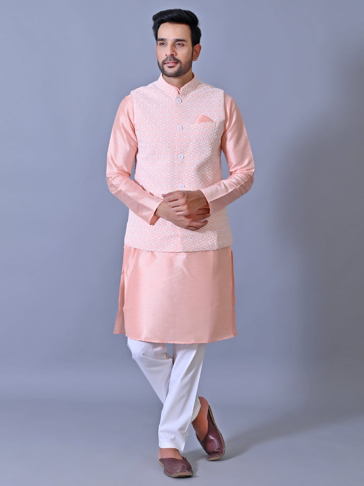 Chikan Peach Jacket Kurta Set