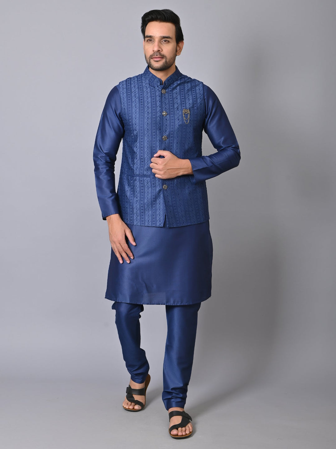 Chikan Navy Blue Jacket Kurta Set – ETHNIC COTLER