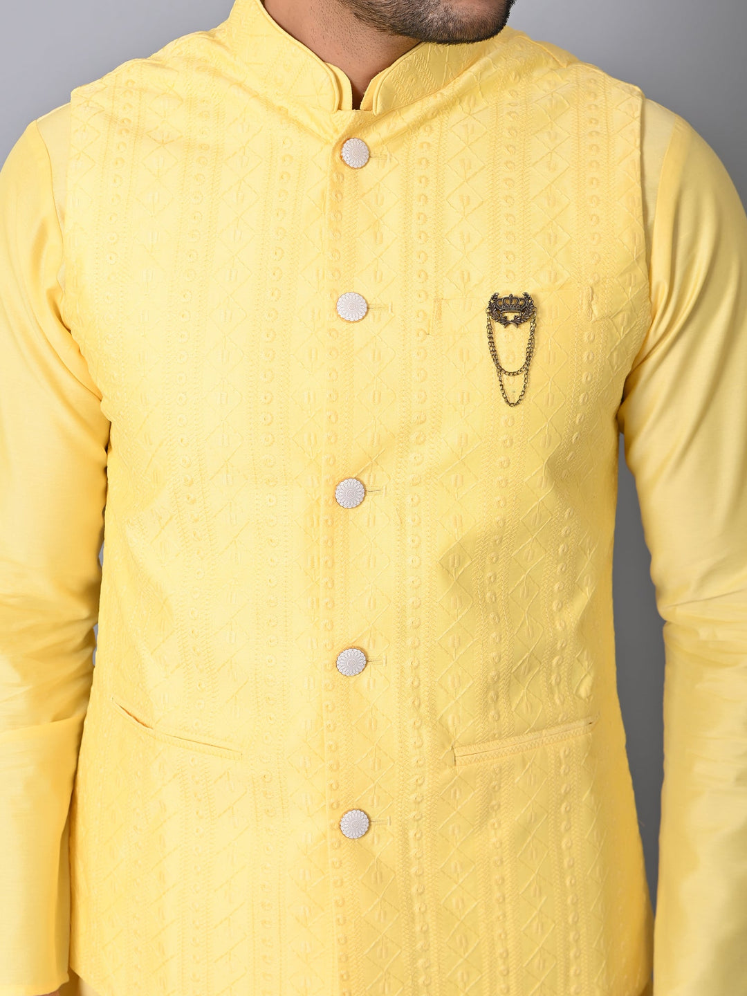Chikan Yellow Jacket Kurta Set
