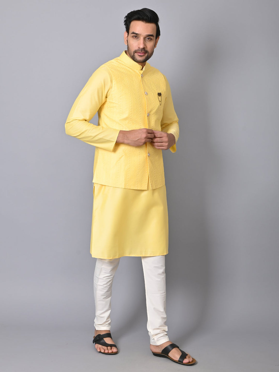 Chikan Yellow Jacket Kurta Set