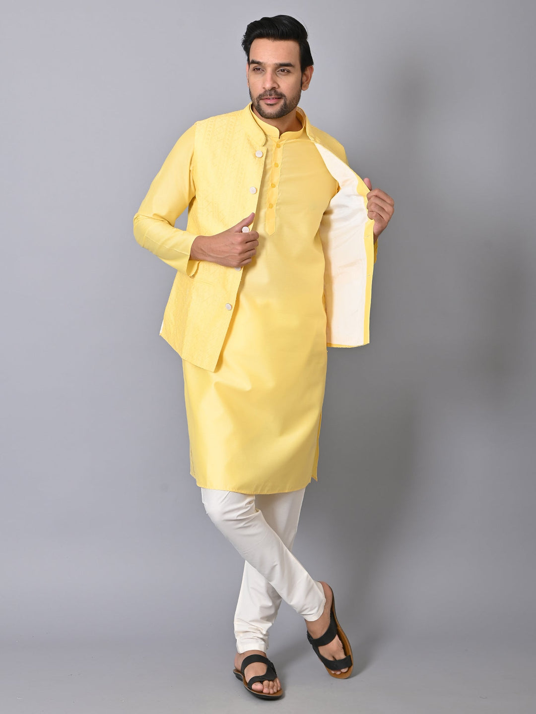 Chikan Yellow Jacket Kurta Set