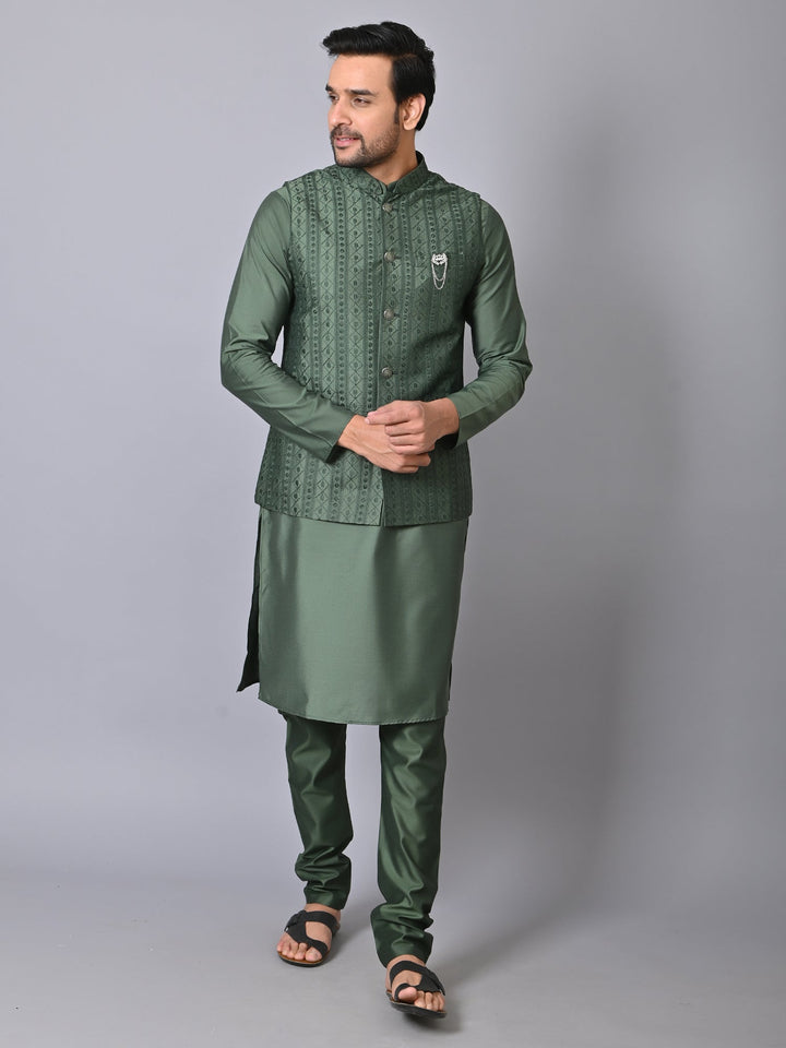 Chikan Olive Jacket Kurta Set