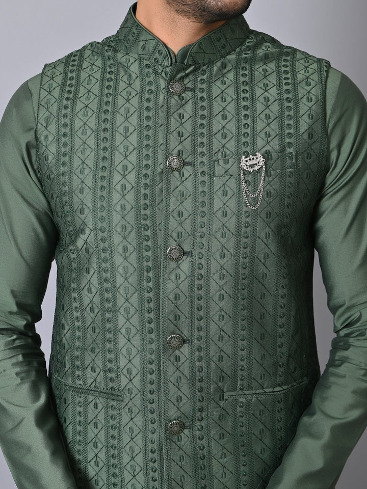Chikan Olive Jacket Kurta Set