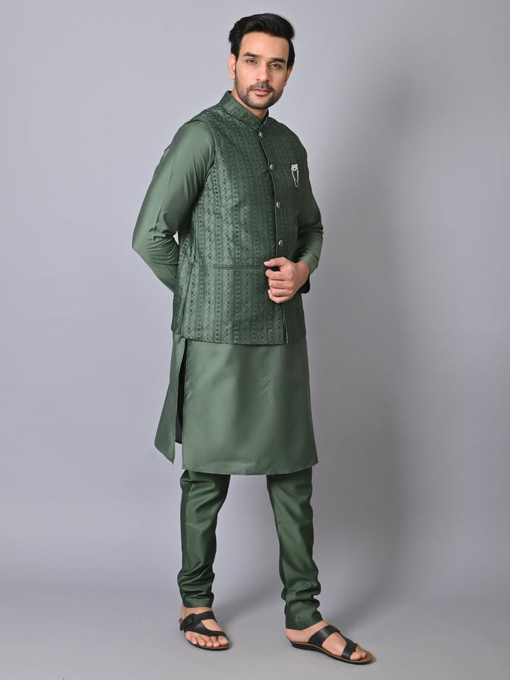 Chikan Olive Jacket Kurta Set