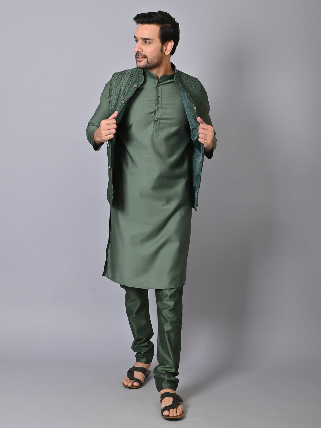 Chikan Olive Jacket Kurta Set