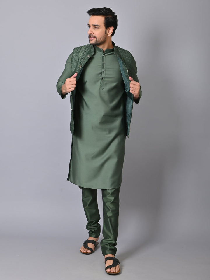Chikan Olive Jacket Kurta Set