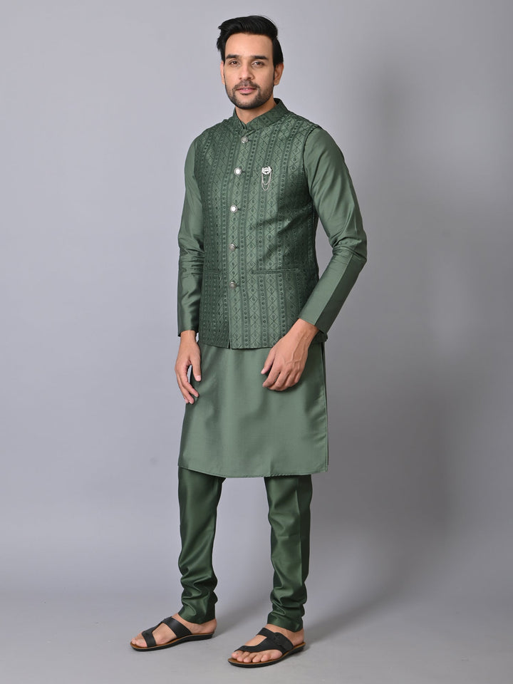 Chikan Olive Jacket Kurta Set