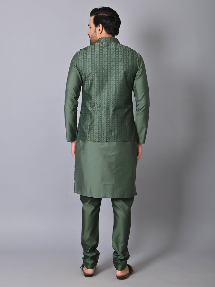 Chikan Olive Jacket Kurta Set
