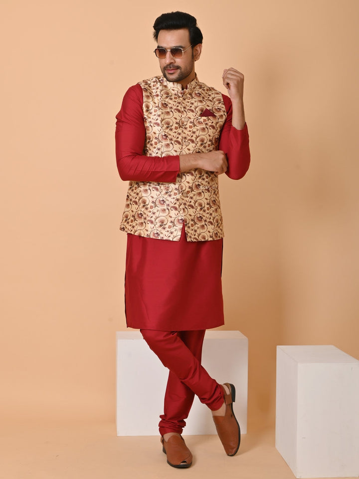 Ethnic Motifs Beige Jacket Kurta Set