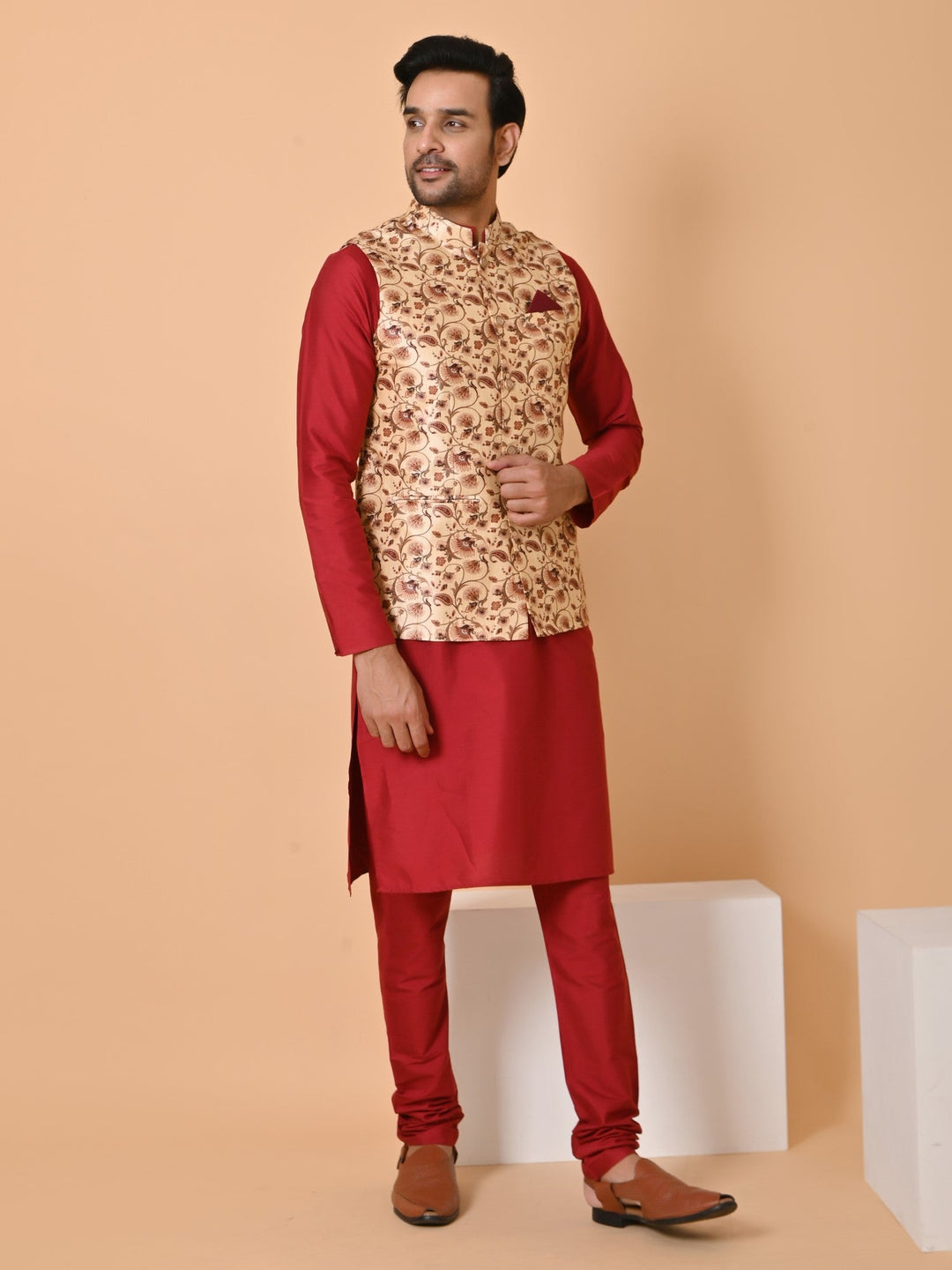 Ethnic Motifs Beige Jacket Kurta Set