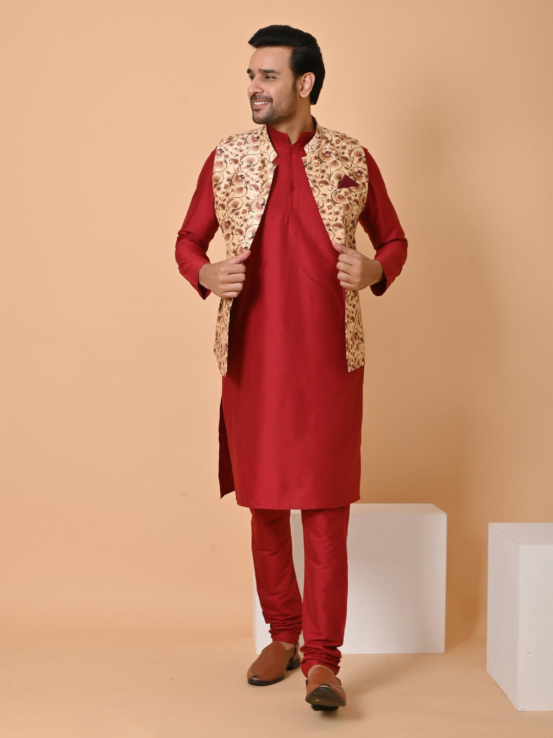 Ethnic Motifs Beige Jacket Kurta Set