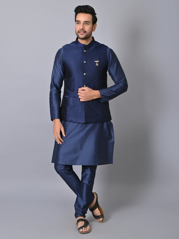 Ethnic Motifs Navy Blue Jacket Kurta Set