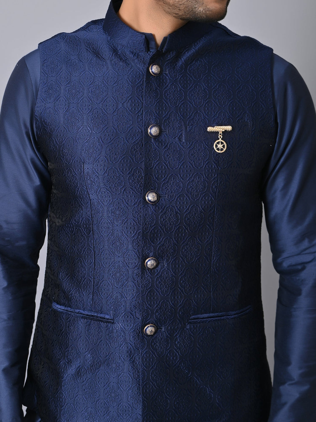 Ethnic Motifs Navy Blue Jacket Kurta Set