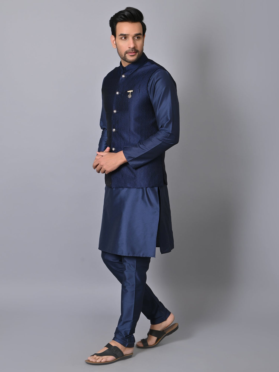 Ethnic Motifs Navy Blue Jacket Kurta Set