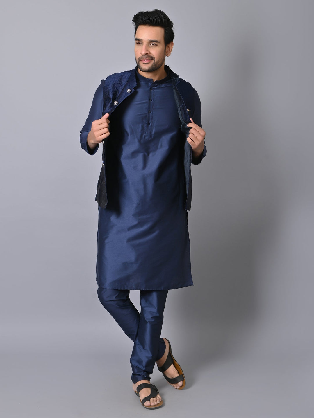 Ethnic Motifs Navy Blue Jacket Kurta Set