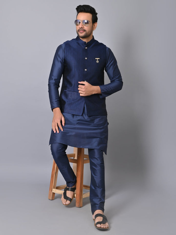 Ethnic Motifs Navy Blue Jacket Kurta Set