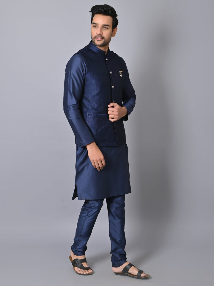 Ethnic Motifs Navy Blue Jacket Kurta Set