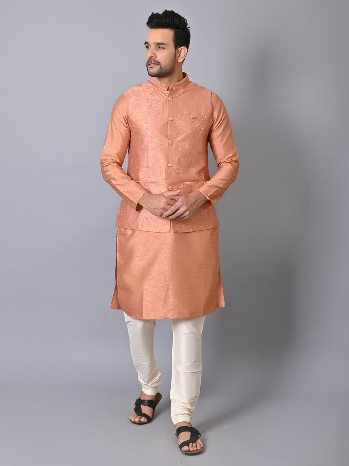 Woven Design Peach Jacket Kurta Set